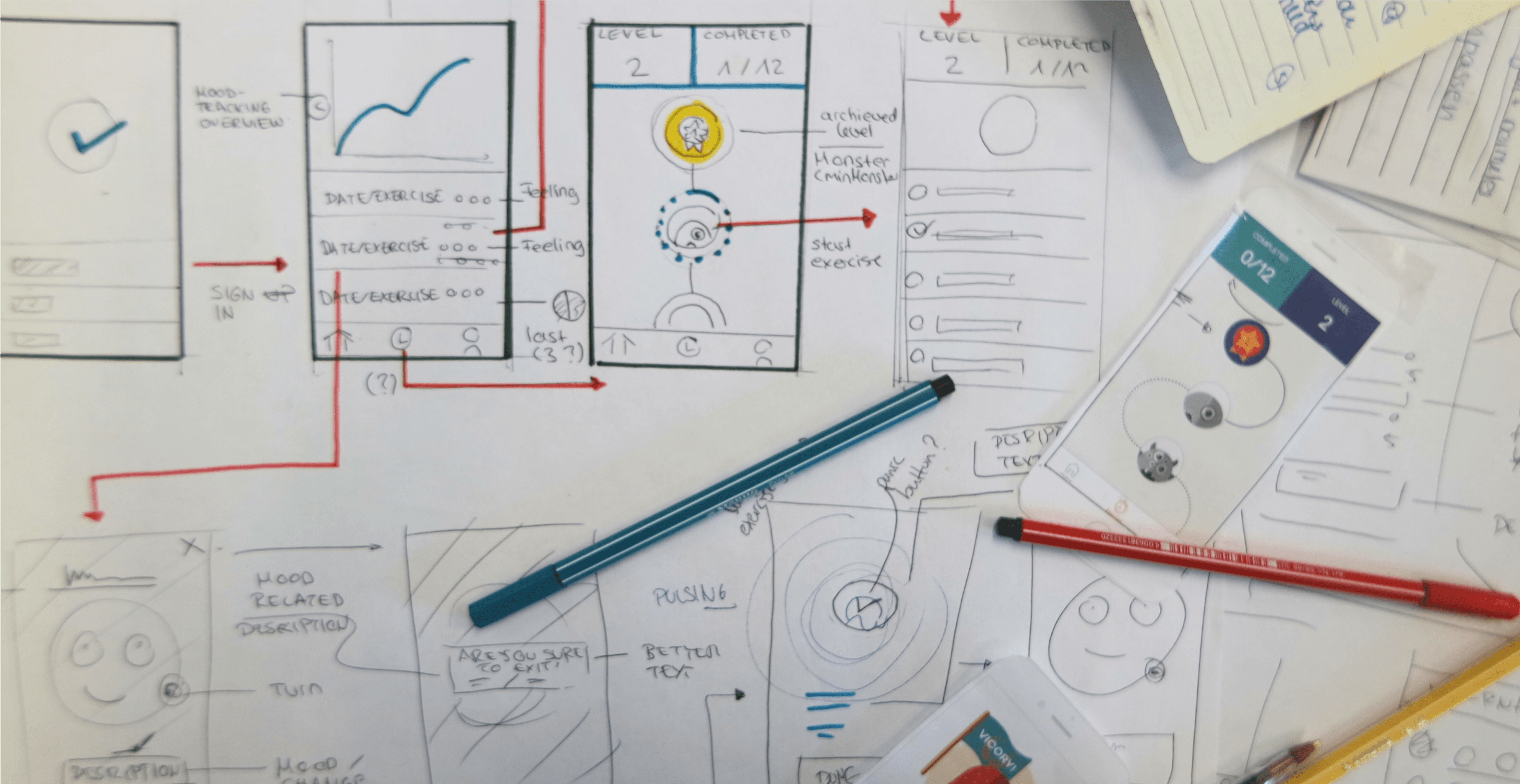 A photograph of various sketches of the Spirit app while in the concepting phase of the project
