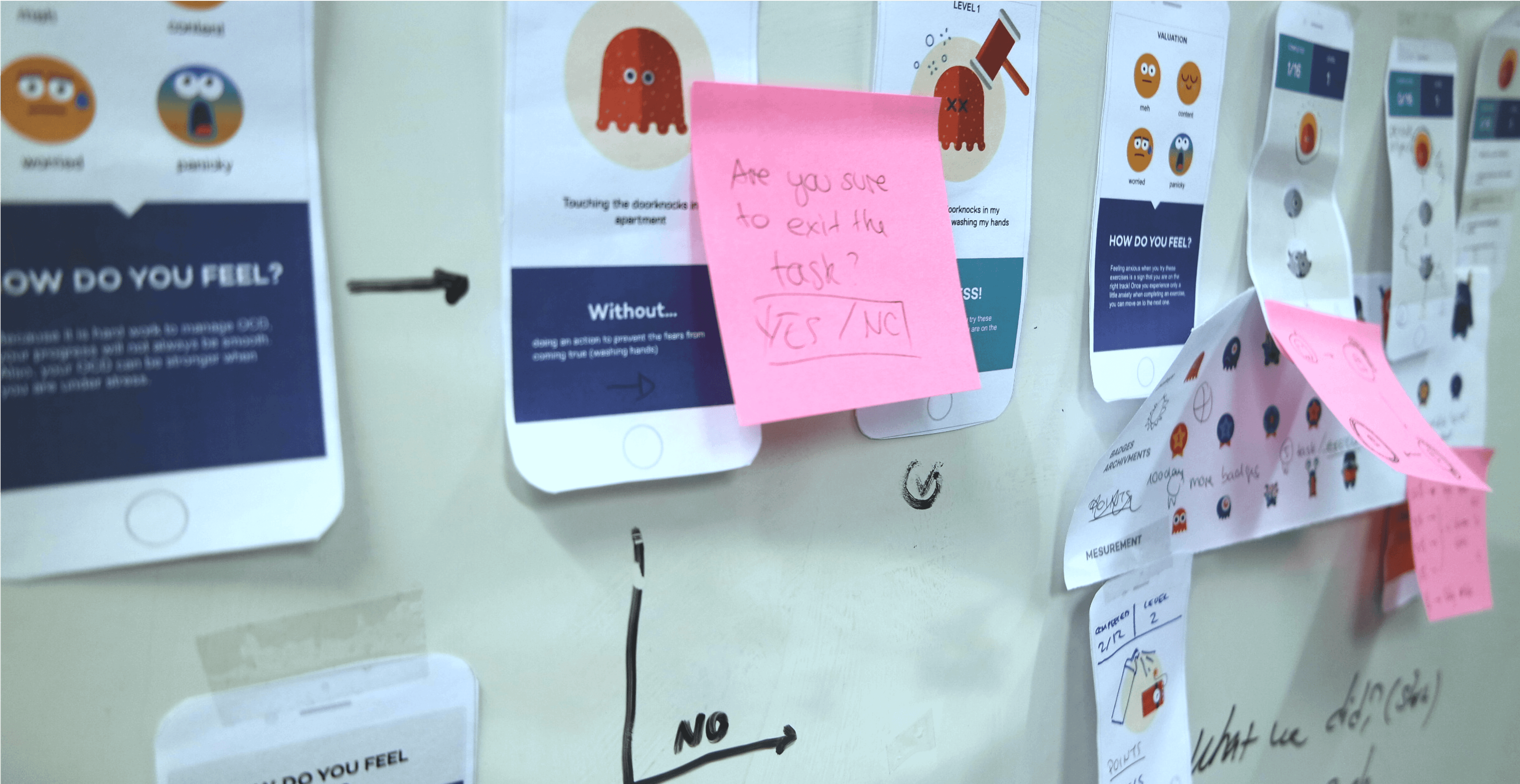 A photograph making the user flow of the Spirit app using printed out screens of the application