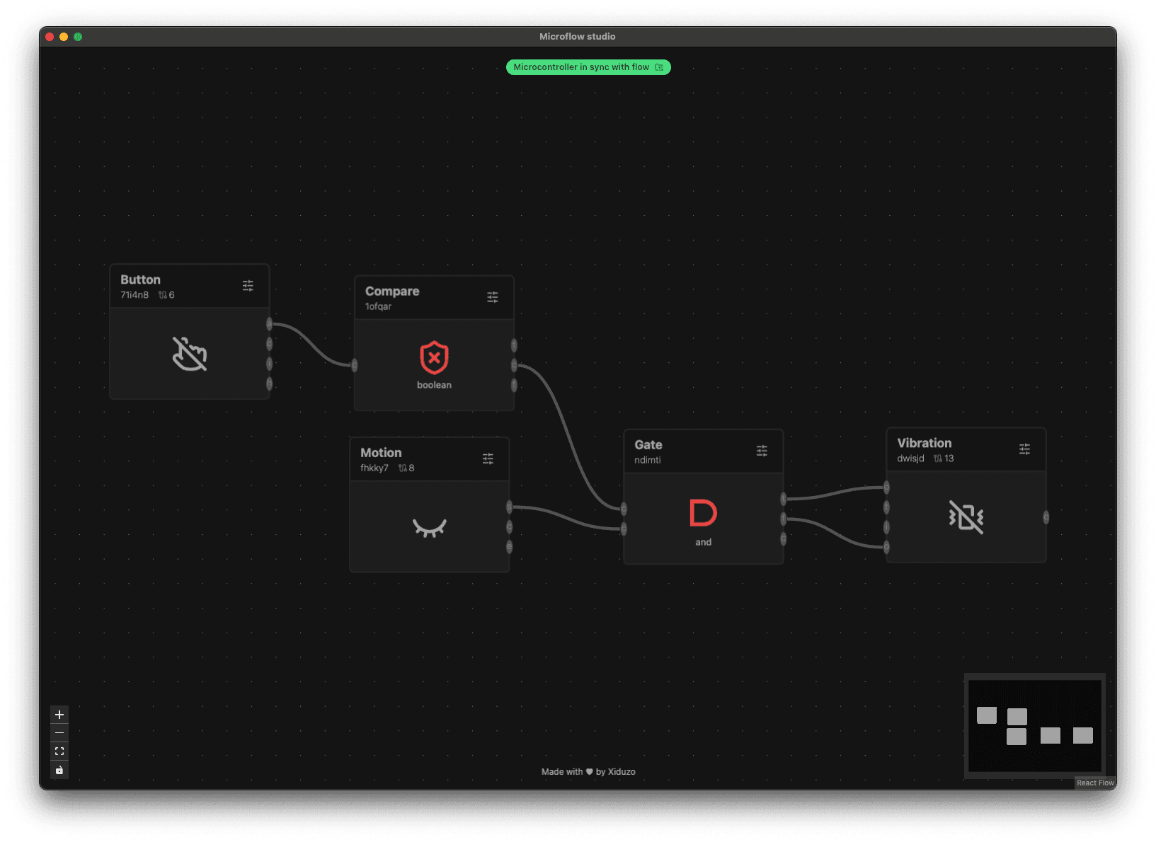 Example flow in Microflow studio, connected to Figma using the Microflow hardware bridge plugin